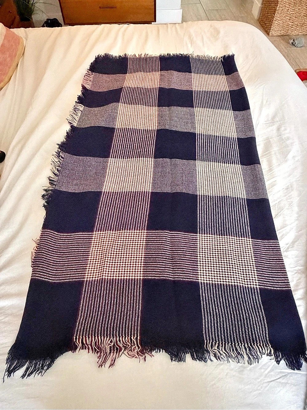 Plaid Fringe Scarf in Navy, maroon, and cream